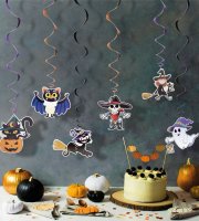 Sada Halloweenskych dekorácií - 6 druhov motívu - s trblietavým špirálovám vešiakom
